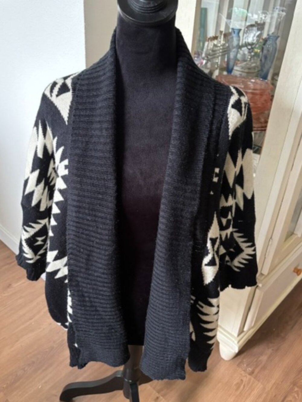 Solution Black White Southwestern Print Open Cardigan Boxy Cropped XL
